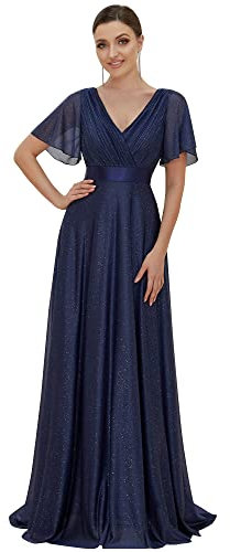 Ever-Pretty Long Formal Dresses for Women V-Neck Sparkling Ruffles Shiny Elegant A Line Navy Blue 14