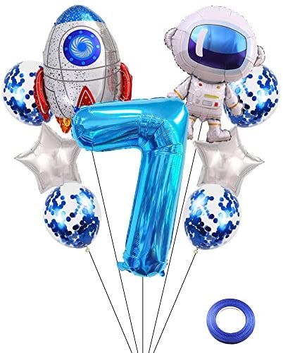 Kawailay Weltraum Luftballon Set Astronauten Geburtstag Deko 7 jahre Astronauten Raketen Folienballon Blau Zahl 7 Luftballons Aluminium Ballon für Kinder Jungen Mädchen Geburtstag Party