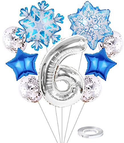 Liitata 6. Frozen Geburtstagsdeko Mädchen Frozen Luftballon Set Zahl 6 Folienballon Silber Große Schneeflocken Luftballon Mylar Ballon Konfetti Latexballon für Kinder Mädchen Geburtstag Party Deko