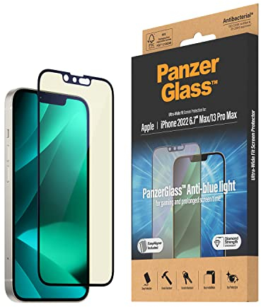 PanzerGlass™ Anti-Blue Light Displayschutz für iPhone 14 Plus | 13 Pro Max - kratzfester und augenschonender Screen Protector mit Blaulichtfilter für Retinaschutz - mit Positionierhilfe