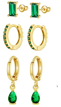 3 Paar Gold Huggie Ohrringe für Frauen Smaragdgrüne Ohrringe 14 Karat Gold Knorpel winzige kleine Gold Creolen Smaragd Baguette Tropfen Ohrstecker Set Frauen, Messing, zirkonia