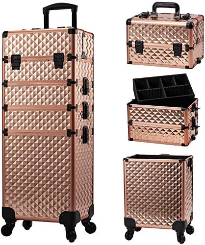 Valise de Maquillage Malette Maquillage 4-en-1, Valise Coiffure de Grande capacité Valise Onglerie à roulettes Valise Cosmétique verrouillable et Portable, Or Rose