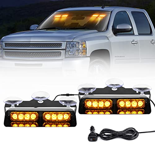 JMEST Feux Stroboscopiques LED 7.2 Pouces Pour Pare-Brise Intérieur - 16 LED, 18 Modes Flash, Beacon Lights 12V Pour Voiture, Camion, Véhicule (Amber)