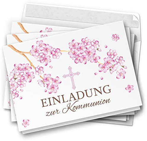 10 Einladungskarten Kommunion - Motiv Kirschblüte rosa - moderne Klappkarten mit Umschlägen - Einladungen zu Kommunionsfeier Einladung Karten