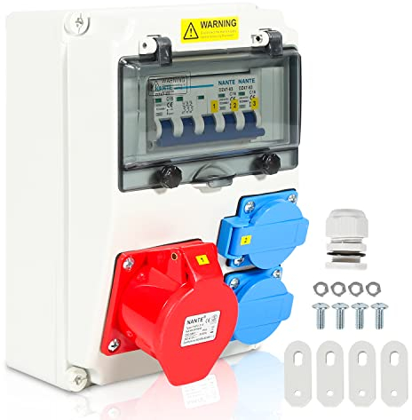 Randaco - Distribuidor de pared con disyuntor de 5 pines con 2 enchufes Schuko y enchufe CEE 16 A para interior y exterior