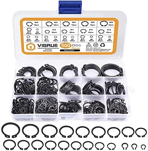 VIGRUE 500tlg Sprengring Sortiment Sicherungsring Set 21 Größe Kohlenstoffstahl E-Clip Externe Haltering Externes C-Clips Geteilte Schnallen Innen-Seegering Unterlegscheiben, M4-M28 mit Kunststoffbox