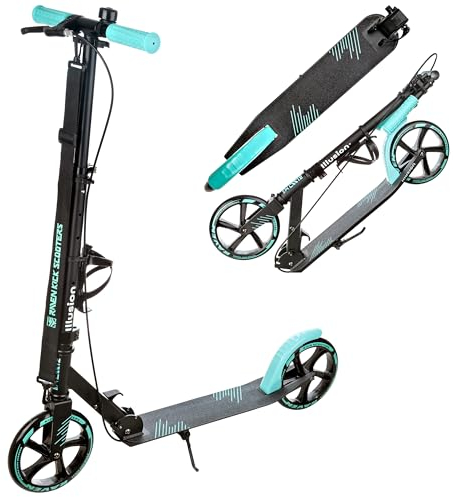 RAVEN Scooter Roller Tretroller Kickscooter für Kinder Erwachsene |klappbar | höhenverstellbar | Tragegurt | Klingel | Flaschenhalter (Illusion Mint mit Handbremse, 200mm)