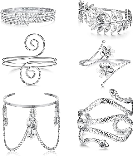 Diamday 6PCS Oberarmmanschetten Einstellbar Offen Gold Arm Armbänder Damen Griechische Göttin Spule Filigran Wirbel Blatt Boho Arm Armreif Set Minimalistisch Metall Manschette Armband Mode Schmuck