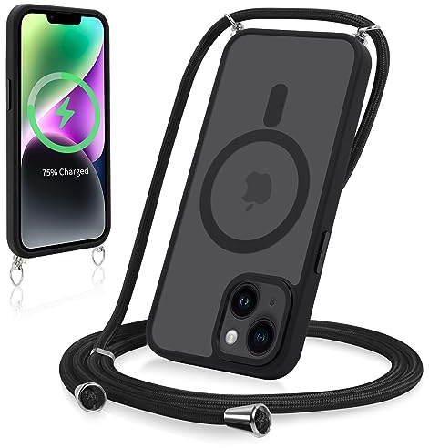 Yoedge Magnética Funda para iPhone 14/iPhone 13 6,1 con Cuerda, Compatible con MagSafe, Carcasa Mate Translúcida PC Suave TPU Antigolpes Protectora Case con Ajustable Cordon Colgante Cadena, Negro