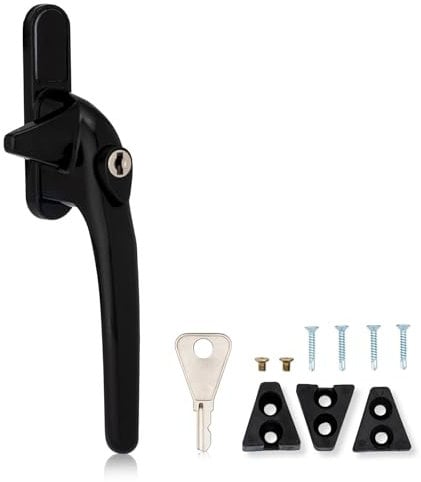 XFORT Locking Cockspur Window Handle Installation Kit in Black, Right Hand UPVC Window Handle Replacement, Lockable Window Lever