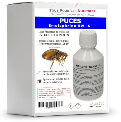 Insecticide liquide concentré Spécial puces et puces de parquet avec régulateur de croissance S-Methopren - EMULSPHRINE EW++S - Flacon de 250 ml pour traiter 100 m² - Conditionné et Produit en France