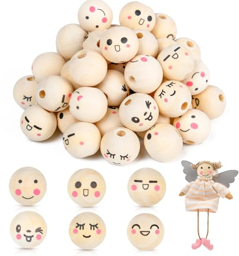 HOLDLEAF 48 Stück Holzperlen mit Gesicht, Holzkugeln mit Gesicht 20mm 18mm, 6 Stile Smiley Holzperlen Natur, Rund Holzkugeln mit Loch für Sorgenwürmchen DIY Schmuckherstellung Kunsthandwerk