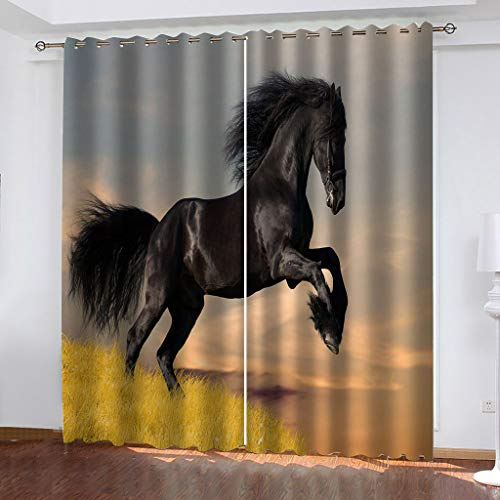 Blickdichte Vorhänge Mit Motiv 3D Schwarzes Tier Pferd Kinder Gardinen Blickdicht Ösen Gardine Thermo 264x214 cm Schlafzimmer Kinderzimmer Vorhänge Dekoratives Muster, Verdunklungsvorhänge