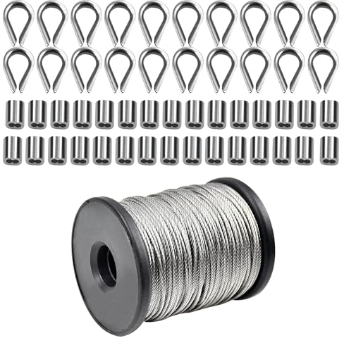 Cozlly Câble d'acier de 50m x 1,5 mm, Câble Métallique Enduit de PVC, Corde Linge, Corde en Acier Inoxydable à Suspendre, avec 30 Pcs Manchons de Sertissage en Aluminium + 20 Pcs M2 Dés à Coudre