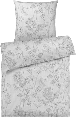 Pure Label Blumen Bettwäsche 135x200 cm mit einem Kissenbezug 80x80 cm - Traumhaft weiches Bettwäsche-Sets 135 x 200 cm in grau aus 100% Baumwolle mit YKK Reißverschluss