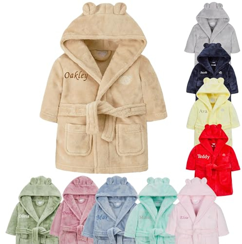 Baby Girl Boy Personalised Dressing Gown Bathrobe Hooded Bear Ear (Beige Bear Ear, 18-24 Months)