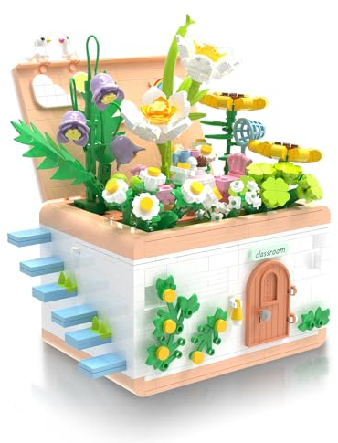 Hallisun Blumenhaus Bauset, Gartenhaus Mini Blockmodellbausatz, Klassenzimmer im ersten Stock, Garten im zweiten Stock, Kreatives Pädagogisches Ziegelspielzeug, für Kinder ab 8 Jahren (1218 Teile)