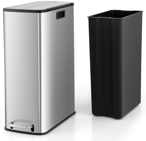 COSTWAY Poubelle Cuisine 46 Litres en Acier Inox, Poubelle Rectangulaire Pédale Amortisseur, Couvercles à Ailes Scellés, Fermeture Douce, Anti-Empreintes, Seau Amovible