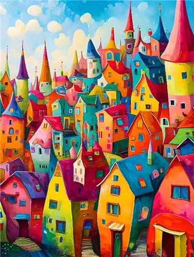 Bunte Häuser Diamant Painting Bilder, 5D Diamond Painting Set, DIY Diamond Painting Mosaikherstellung Malen Nach Zahlen Full Drill Malerei für Erwachsene Kinder Room Decor Wohnwand 30x40cm P-38