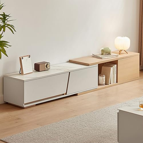 JIAOCKJIAO Meuble TV Extensible, Console-multimédia Moderne, Comptoir en Dalles de Roche, Banc TV Rétractable, Meuble de Télévision avec Rangement, Table TV de Salon(Natural)
