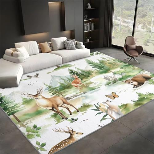 Teppich Wohnzimmer Schlafzimmer 80x150 cm Waldtiere Aquarellmalerei Waschbar in Waschmaschine, Kurzflor Carpet Weicher für Kinderzimmer