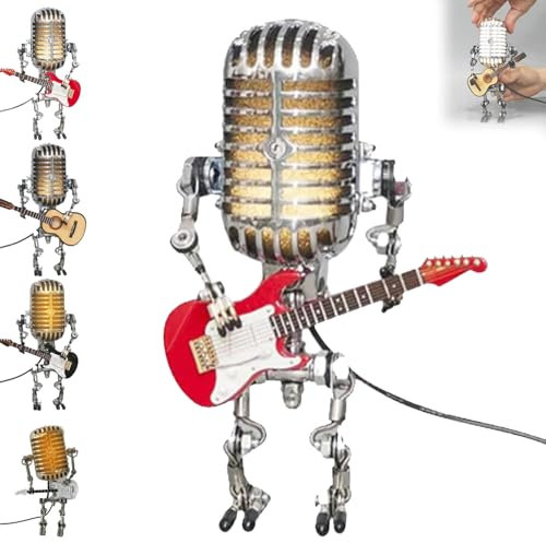 Emottle Mic Robot, Vintage Microphone Guitar Robot Lamp, Music Gifts for Men, Cool Gifts for Music Lovers, Vintage Light Home Decor Nightstand Desk Lamp for Bedroom, Music Studio(Red A)