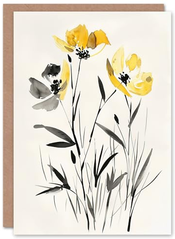Artery8 Greeting Card Wildflower Blooms Black White Yellow Watercolour For Her Woman Birthday Card
