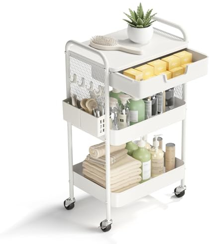 HIDODO Rollwagen mit 3 Etagen und Schublade, Metallrollwagen auf Rädern mit Stecktafel, Kunstwagen-Aufbewahrungs-Organizer mit Tischplatte für Wohnzimmer, Büro, Schlafzimmer (weiß)