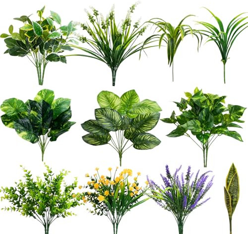 Luabue 19pcs Plantes Artificielles Arbuste Exterieur Jardin Artificiel Bouquet de Plantes Artificielles D'eucalyptus Lavande Plantes Plastique pour Balcon Jardin Massif de Fleurs
