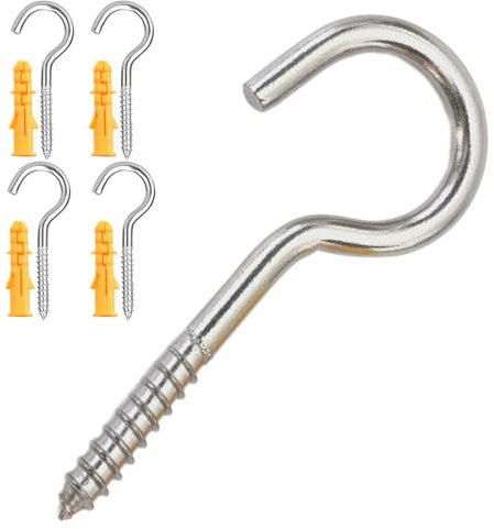 Generic 304 Stainless Steel 4 PC Screw-in Hooks, 63mm (2.48 inch) Eyelet, Heavy Duty for Hanging Plants, Cups, Utensils, Offices, Home, Garden, Kitchen, Indoor, Outdoor