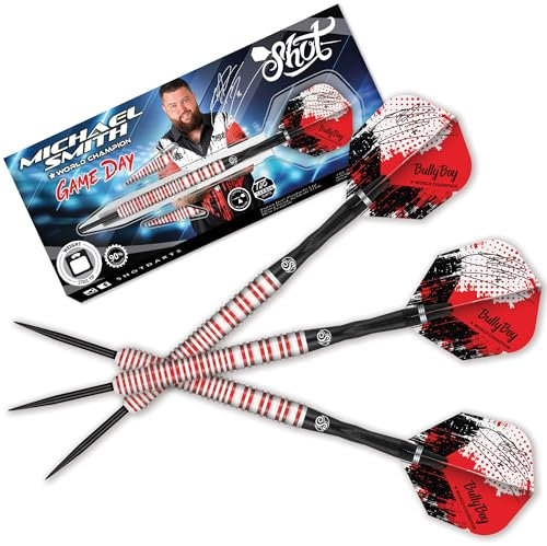 Shot! - Michael Smith Game Day Steeldarts | 90% Wolfram | 23g Gewicht | Mikro-Jakobsmuschel-Design | Präzise Wurfkonsistenz | Entwickelt mit PDC Weltmeister 2023