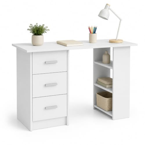 URBNLIVING Computer Desk Home Office Workstation Study Table with Storage Shelves & Drawers Wooden Writing Desk Bedroom Office Furniture - (White & 3 Drawer Desk)