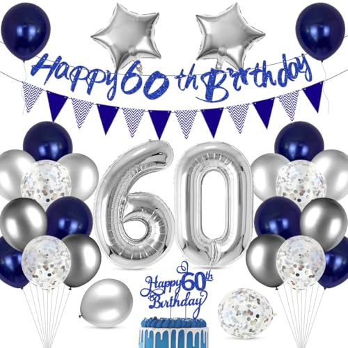 Cadimus 60. Geburtstag Ballon Set,Happy Birthday Ballon Dekoration,60 Geburtstag Blau Silber Luftballons,Happy Birthday Folienballon 60, 60 Jahre Männer Frauen Party Deko