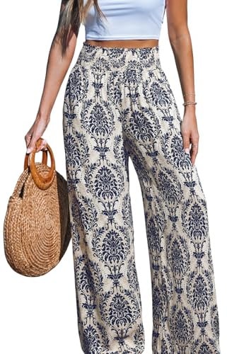 CUPSHE Womens Trousers Wide Leg Elastic High Waisted Beach Trousers Cotton Linen Summer Palazzo Pants