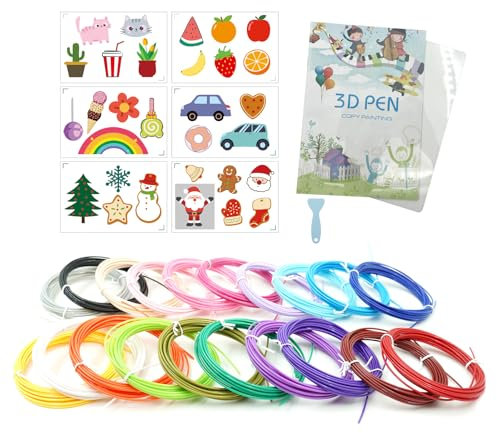 PLA Filament für 3D Stift/3D pen Druckmaterialien, 20 Farben, insgesamt 100 Meter, 1,75 mm, 3D-Druck-Zeichenbuch wiederverwendbar Bunte 22 Muster mit einer transparenten Kopierbrett und einem Kraber.