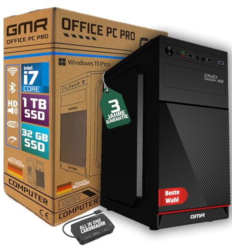 Intel i7 - Business Office Multimedia Computer mit 3 Jahre Garantie! | 32 GB RAM | 1000GB SSD | DVD ± RW | USB 3.0 | Windows 11 Prof. 64-Bit | Smart ID Card Reader 5-in-1 | WiFi 600 and Bluetooth 5