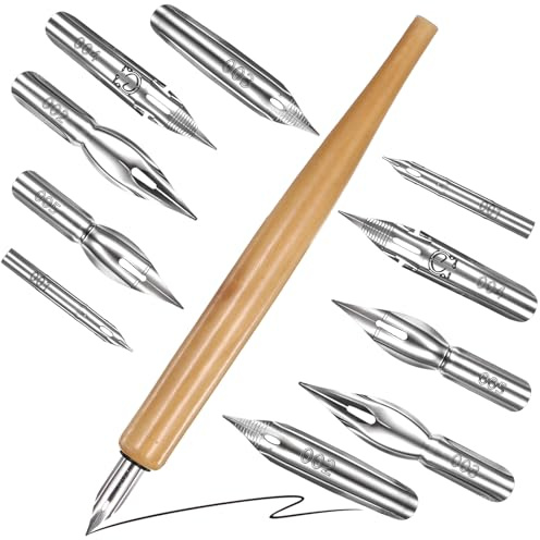 Larrel Set di 11 penne a immersione obliqua per calligrafia, con 10 penne di ricambio in acciaio inox, pennini di ricambio per calligrafia, pennini per scrittura, pittura, firma e schizzi
