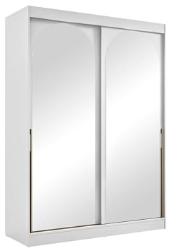 Mirjan24 Kleiderschrank Mezzinto, Schiebetürenschrank mit Kleiderstange, Einlegeböden und Spiegel, Schlafzimmerschrank Garderobe für Diele Flur (Weiß + Gold, 150 cm)