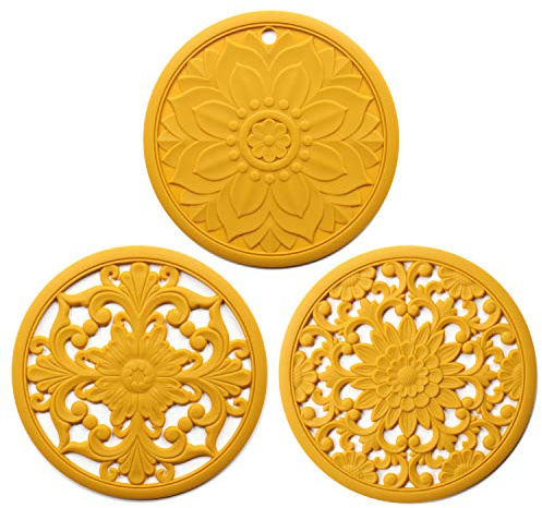 Hosoncovy Silicone Trivet Mat Set of 3,Heat Resistant Multi-purpose None slip Table Place Mats for Hot Pots Holder, Pads, Pans, Dishes, Spoon rest, Coasters for Kitchen Cooking Dining (Yellow)