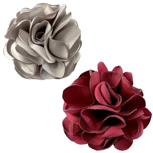 Broche à Fleur de Rose 2-en-1 & Attache-Cheveux, Rouge + Argent, Fleur en Soie Artisanal, Adapté pour Mariage/Fête/Quotidien: