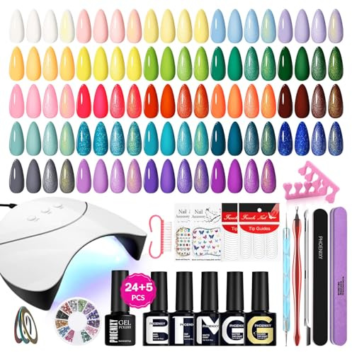 PHOENIXY 46PCS Gel Nail Polish Set with U V/LED Nail Lamp | 24 Colours Gel Nail Polish with 4Pcs Top Coats, Blue Yellow Green Nail Varnish Sets, Professional Gel Nail Kit Gift for Women
