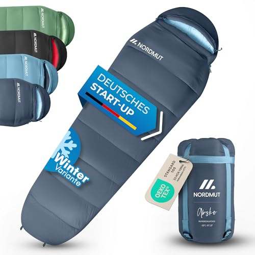 NORDMUT® Schlafsack Winter -10 bis 0 Grad komprimierbar - Winterschlafsack Outdoor für Trekking & Camping 1.800 g - Mumienschlafsack wasserabweisend 350 GSM