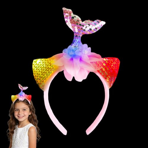 Led Meerjungfrau Haarreif Pailletten Rosa, Niedliches leuchtender Haarschmuck, Led Meerjungfrau kopfschmuck für Damen Kinder, Stirnband perfektes Accessoire für Karneval Party´s Foto-Requisite