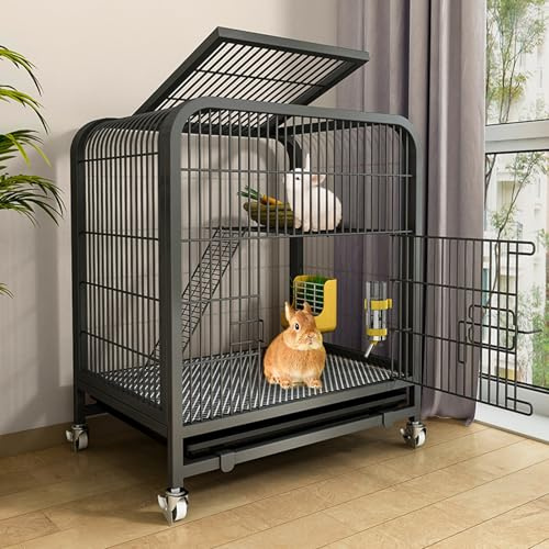 Jaula de conejo para interiores con bandejas extraíbles profundas y ruedas universales de 360°, diseño de doble puerta, red de alambre de metal audaz