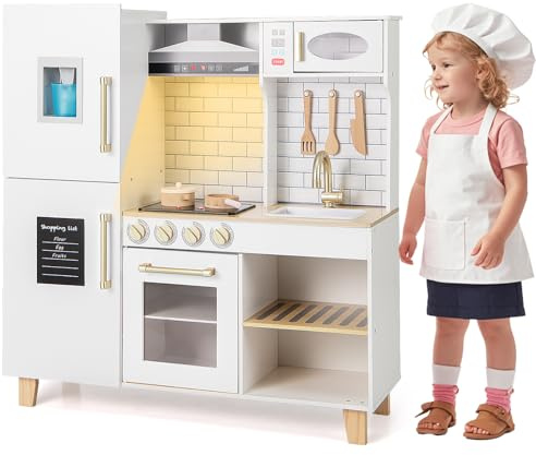 HOMASIS Spielküche mit 10 Zubehör, Kinderküche mit Spüle Herd Dunstabzugshaube Ofen Mikrowelle Tafel Grill Eismaschine, Spielzeugküche mit Licht & Sound, Holzküche für Kinder ab 3 Jahre (Weiß)