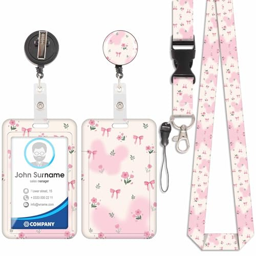 Porte Badge avec Cordon Tour De Cou avec Porte-Cartes, Porte Cartes avec Enrouleurs de Badge Rétractable, Détachable Lanyard, Swivel Lobster Clasp, pour porte badges d'Identification (Fleurs Roses)