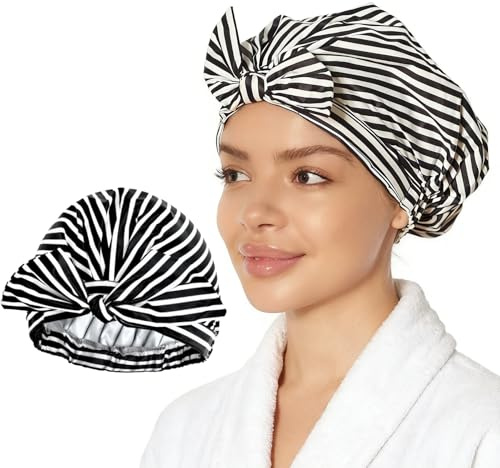 YIS - Gorro de ducha para mujer, impermeable, reutilizable, con lazo, banda elástica, para cabello largo y rizado, diseño de rayas blancas y negras, gorro de baño para mujeres y niñas