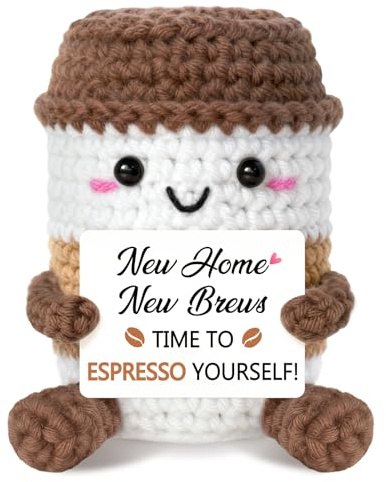 New Home Gifts Knitted Espresso Cup – “Time to Espresso Yourself!” Housewarming Gift Handmade Crochet Coffee Decoration for Couples, Friends, Colleagues – Unique New House Presents for Coffee Lovers