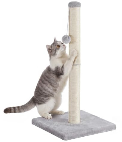 Feandrea Cat Scratching Post, Natural Sisal, 84 cm Tall, Heavy Base | Cat Scratching Post, Dangling Toy, Furniture Protection, for Adult Cats, Dove Gray, CLAWFY Collection PCA043G101