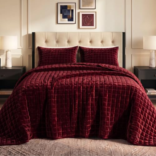Tribeca Living Florence Velvet Oversized Solid Quilt Set, Burgundy, Queen